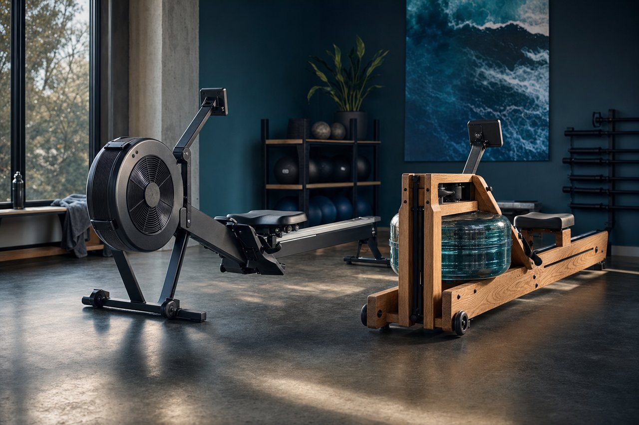Zwei Ruderergometer nebeneinander im modernen Home-Gym-Setup