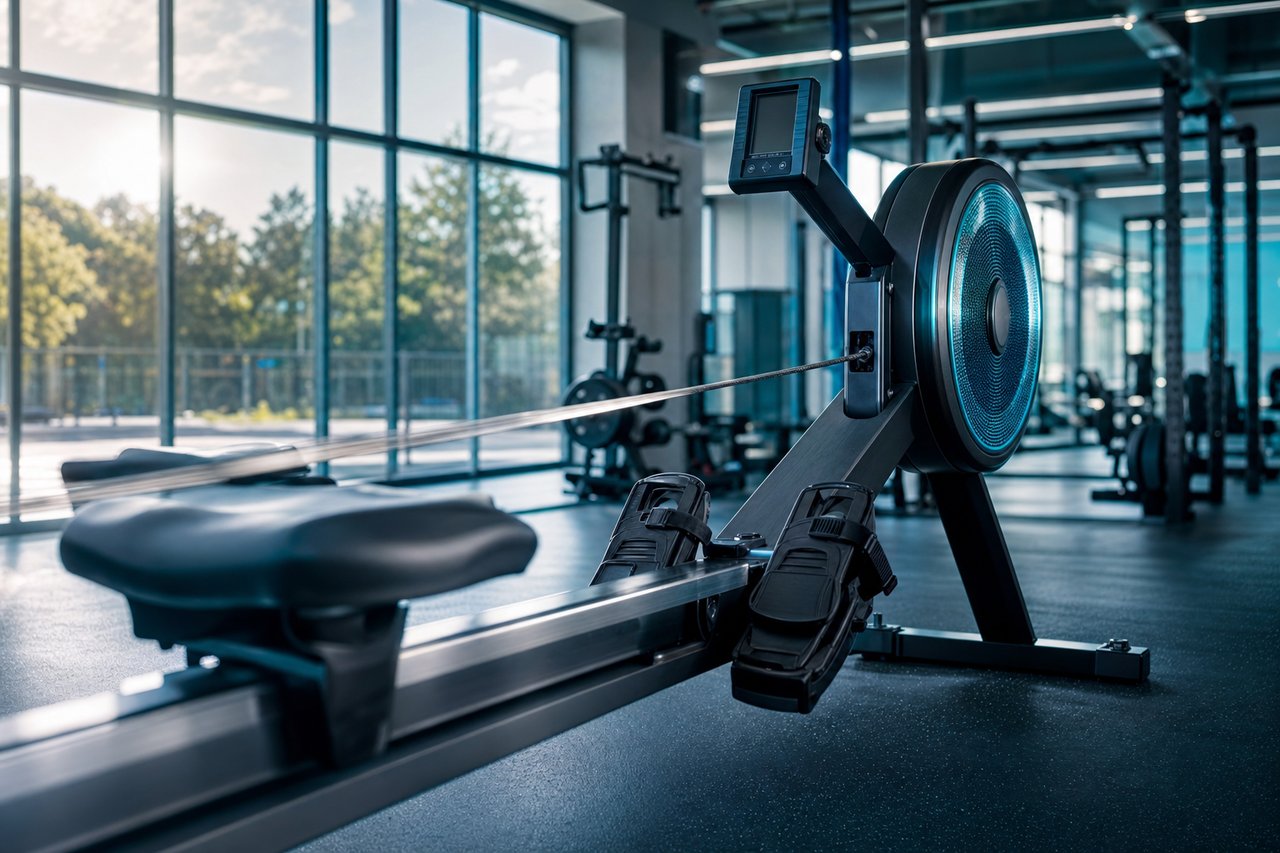 Ruderergometer in einem hellen modernen Fitnessstudio
